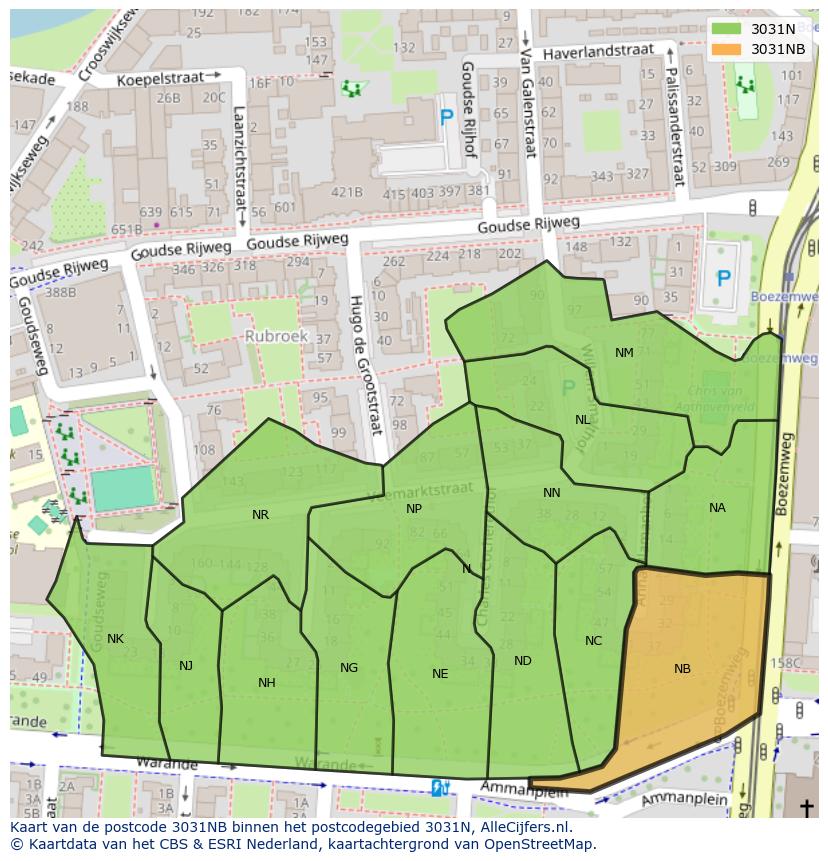 Afbeelding van het postcodegebied 3031 NB op de kaart.