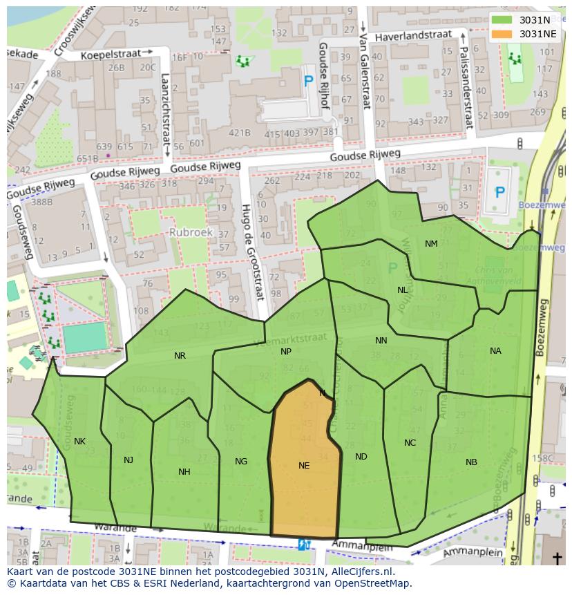 Afbeelding van het postcodegebied 3031 NE op de kaart.