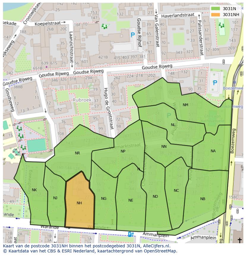 Afbeelding van het postcodegebied 3031 NH op de kaart.