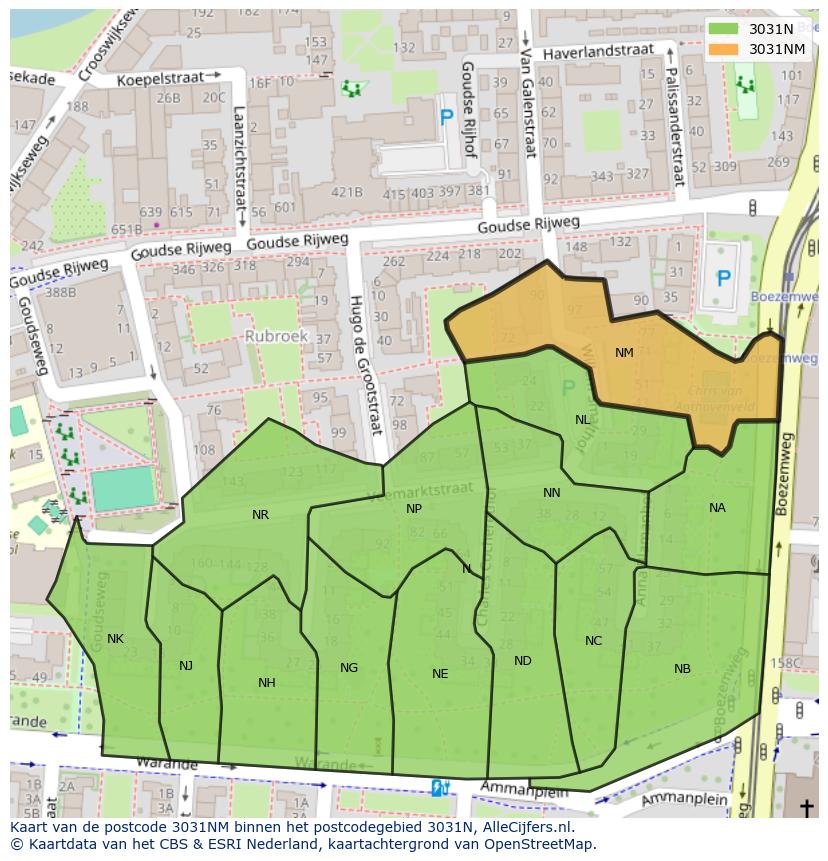 Afbeelding van het postcodegebied 3031 NM op de kaart.