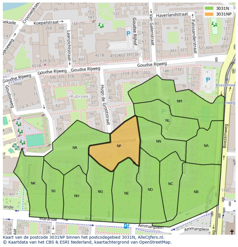 Afbeelding van het postcodegebied 3031 NP op de kaart.