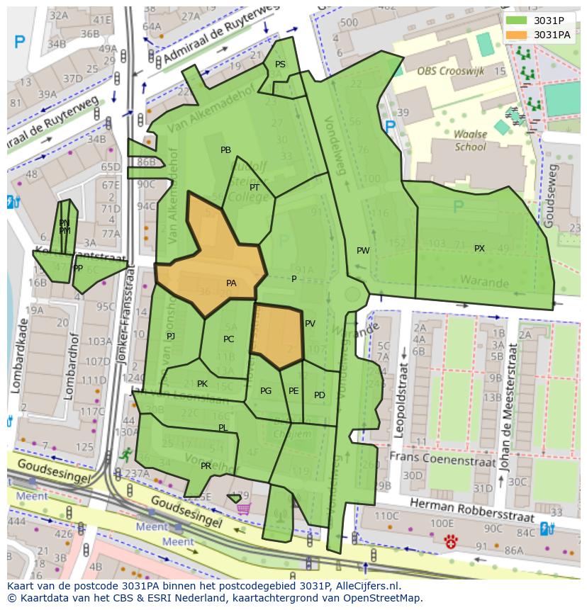 Afbeelding van het postcodegebied 3031 PA op de kaart.