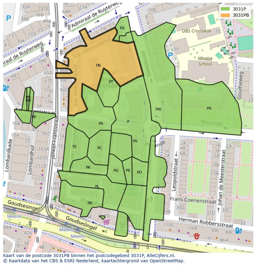 Afbeelding van het postcodegebied 3031 PB op de kaart.