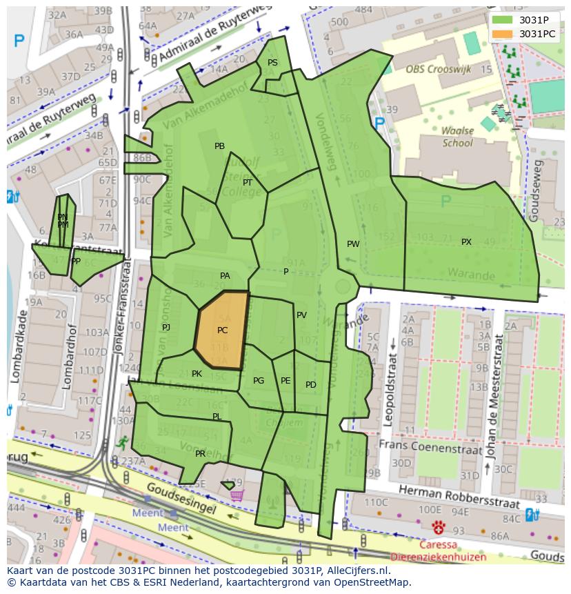 Afbeelding van het postcodegebied 3031 PC op de kaart.