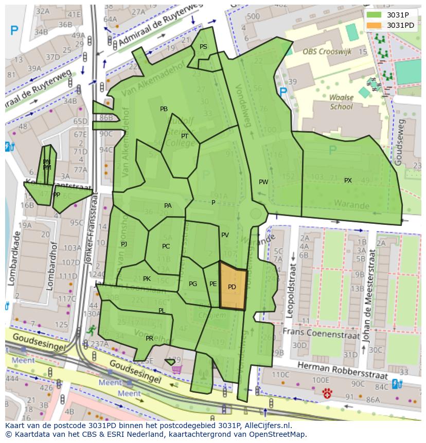 Afbeelding van het postcodegebied 3031 PD op de kaart.