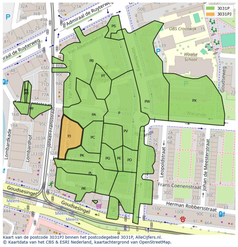 Afbeelding van het postcodegebied 3031 PJ op de kaart.