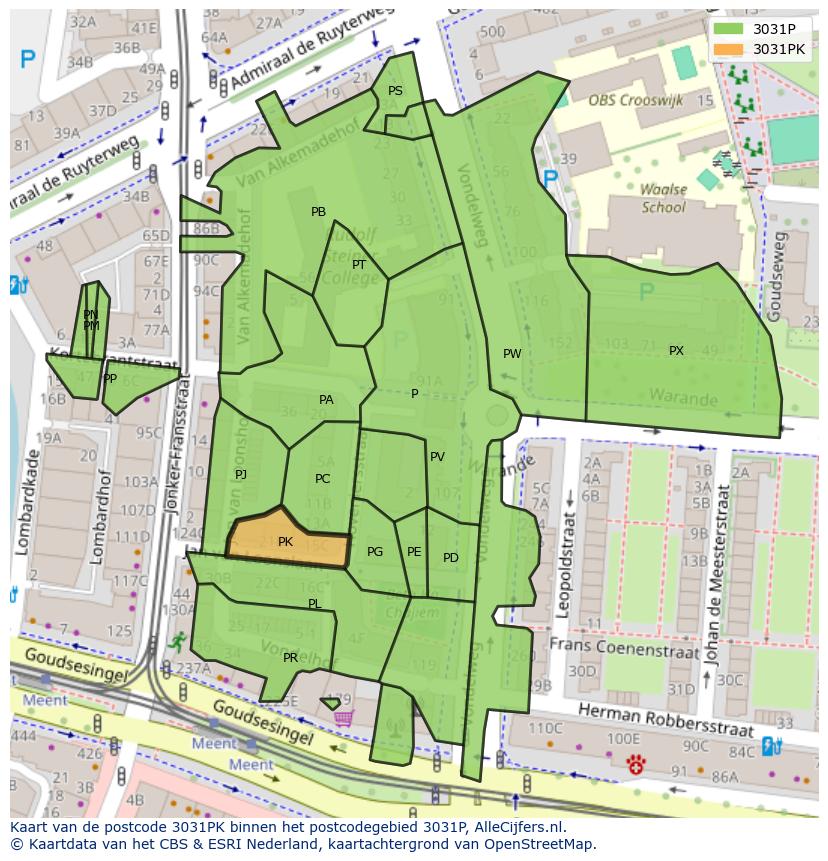 Afbeelding van het postcodegebied 3031 PK op de kaart.