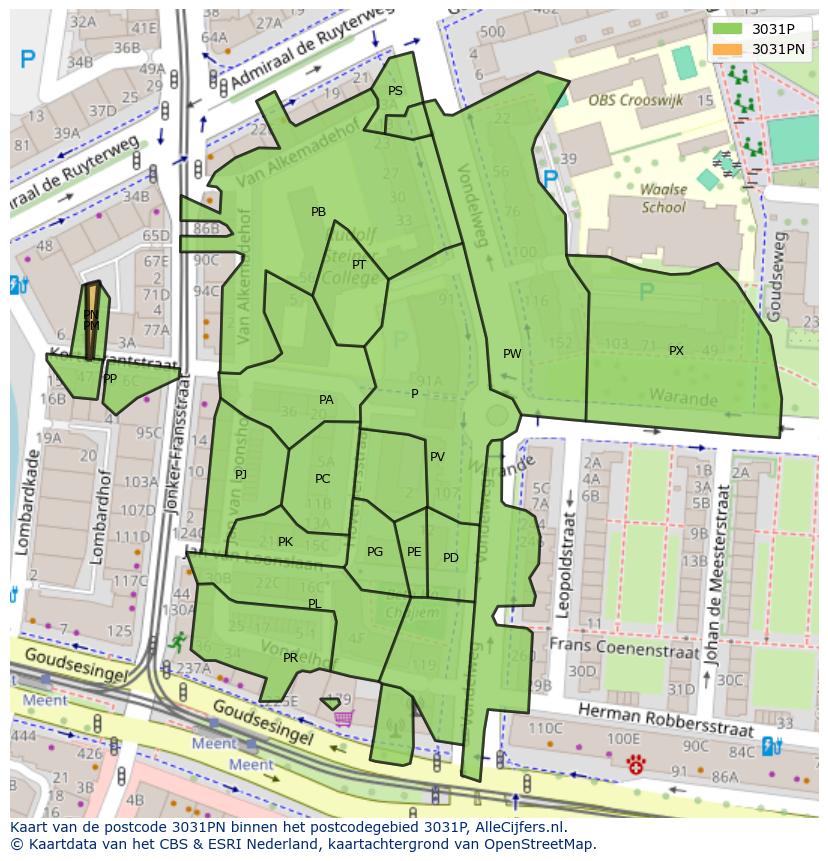 Afbeelding van het postcodegebied 3031 PN op de kaart.