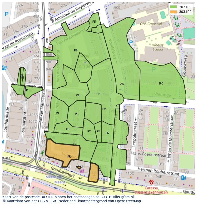 Afbeelding van het postcodegebied 3031 PR op de kaart.