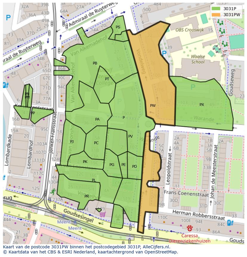 Afbeelding van het postcodegebied 3031 PW op de kaart.