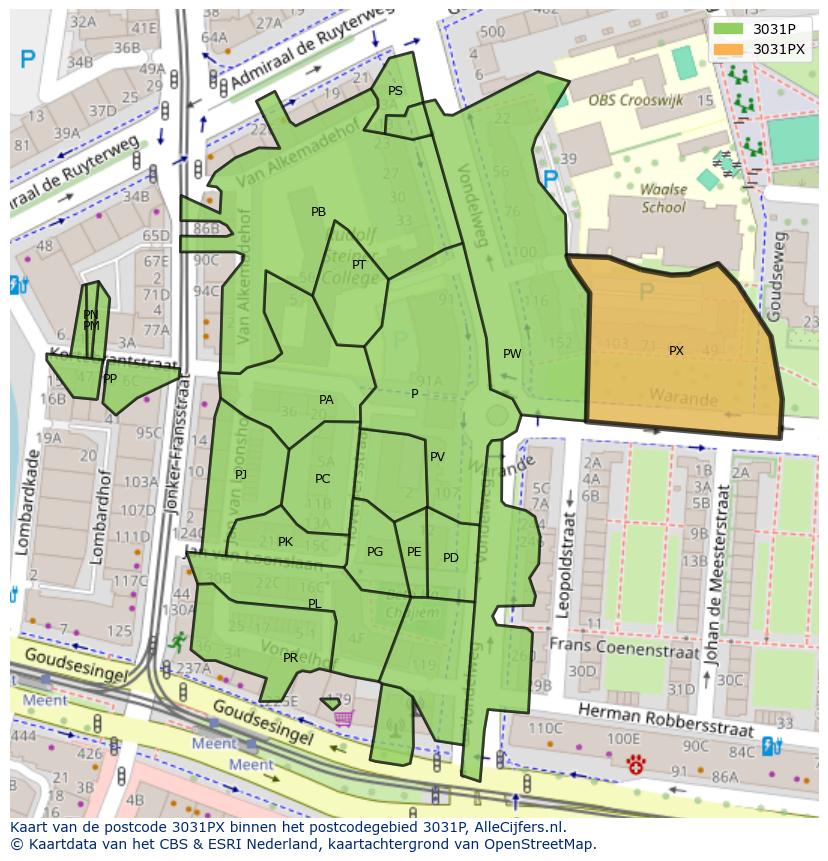 Afbeelding van het postcodegebied 3031 PX op de kaart.