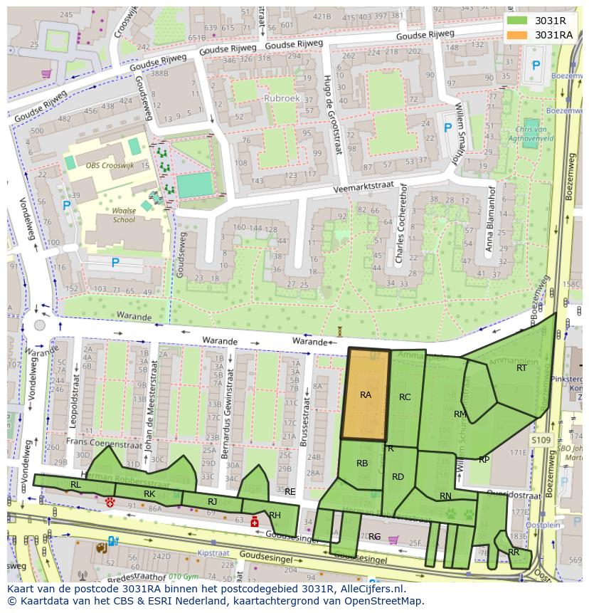 Afbeelding van het postcodegebied 3031 RA op de kaart.