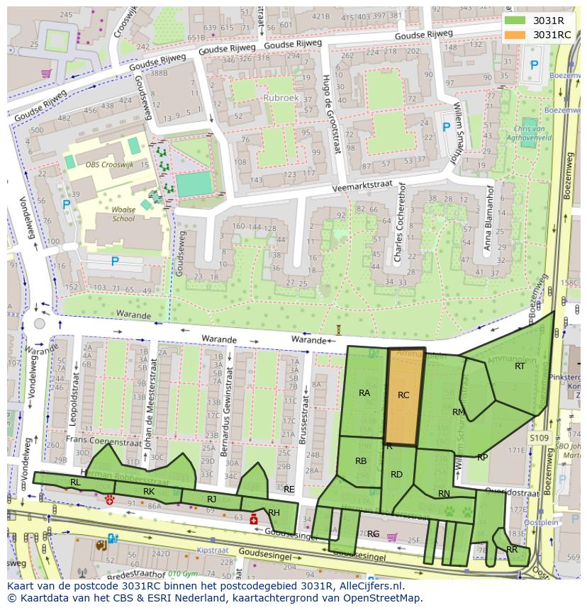 Afbeelding van het postcodegebied 3031 RC op de kaart.