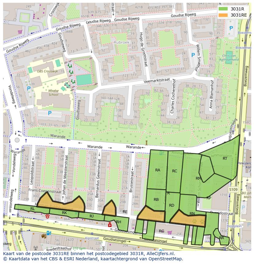 Afbeelding van het postcodegebied 3031 RE op de kaart.