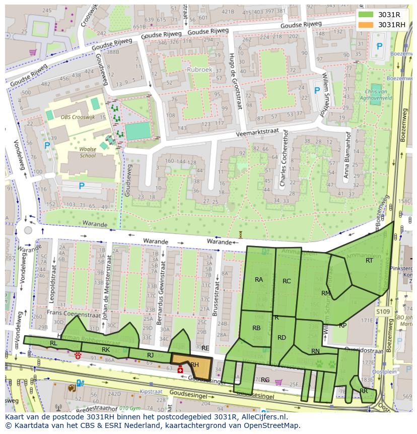 Afbeelding van het postcodegebied 3031 RH op de kaart.