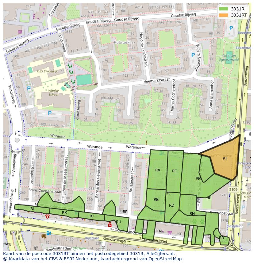 Afbeelding van het postcodegebied 3031 RT op de kaart.