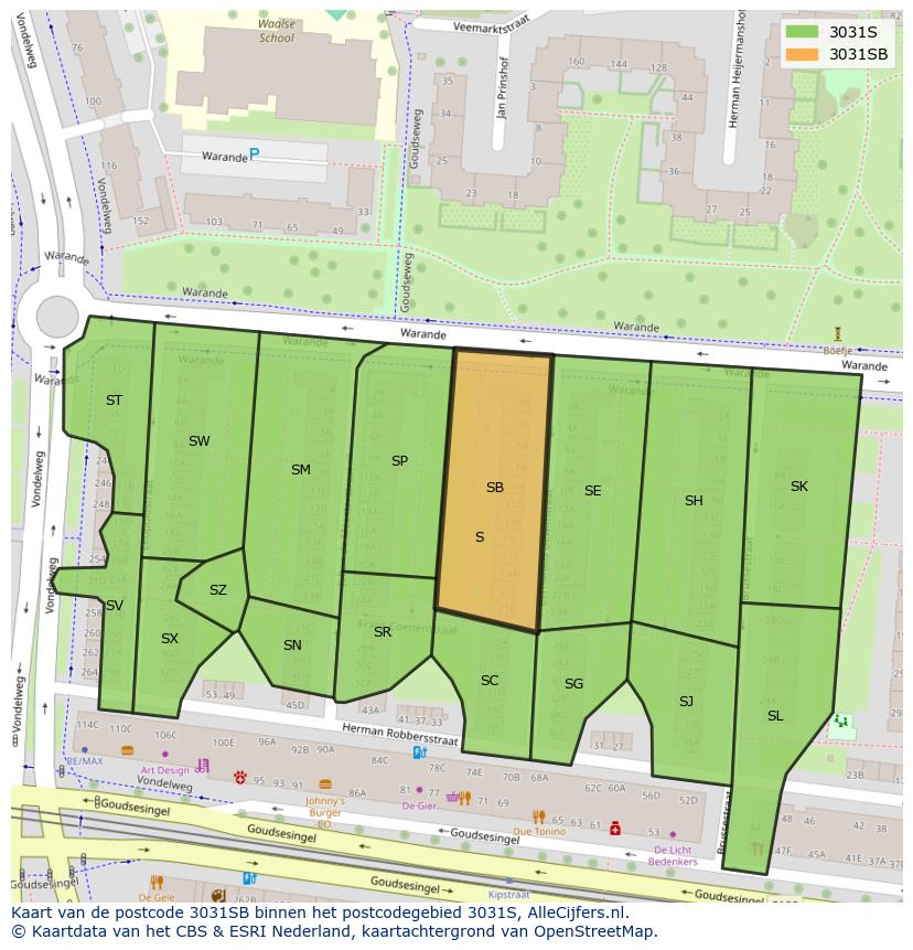 Afbeelding van het postcodegebied 3031 SB op de kaart.