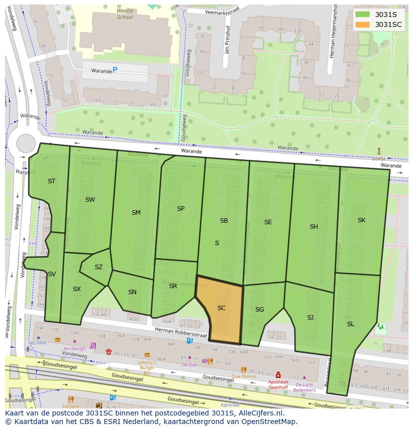 Afbeelding van het postcodegebied 3031 SC op de kaart.