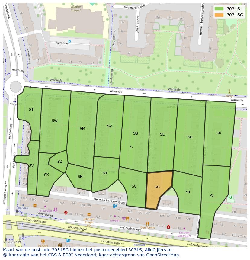 Afbeelding van het postcodegebied 3031 SG op de kaart.