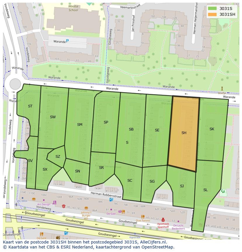 Afbeelding van het postcodegebied 3031 SH op de kaart.