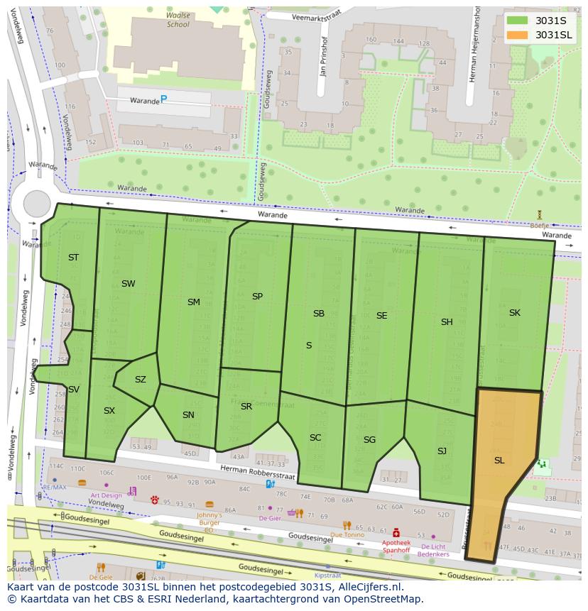 Afbeelding van het postcodegebied 3031 SL op de kaart.