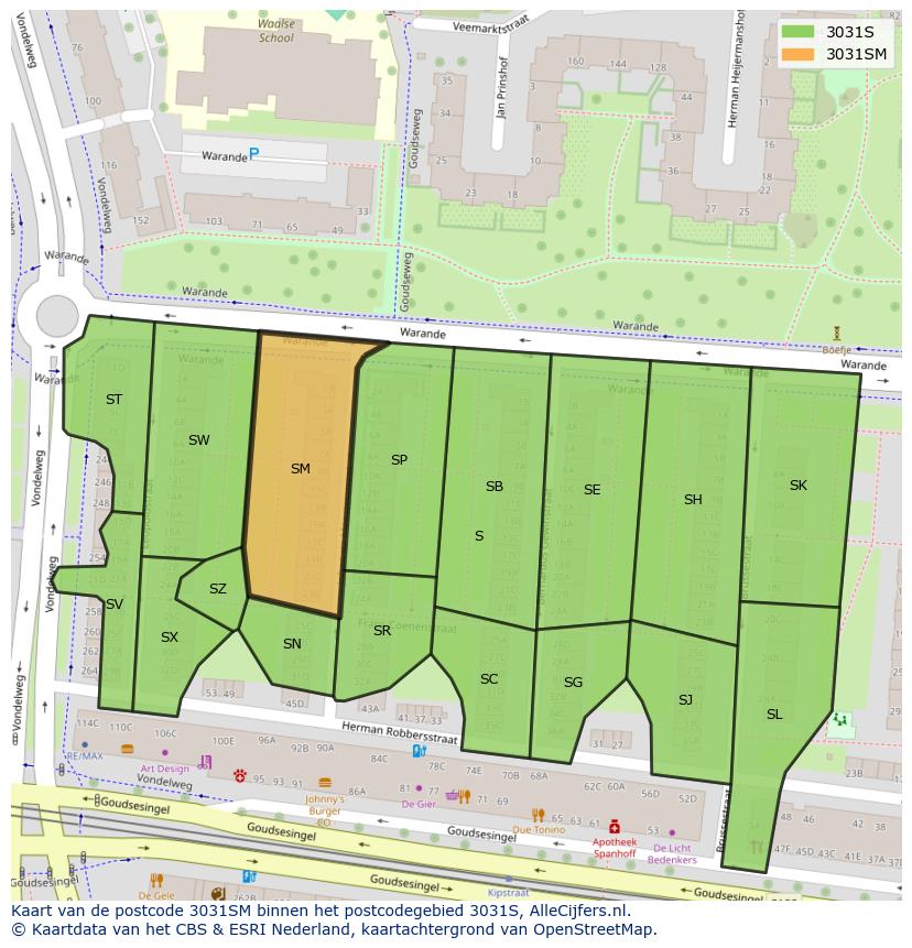 Afbeelding van het postcodegebied 3031 SM op de kaart.