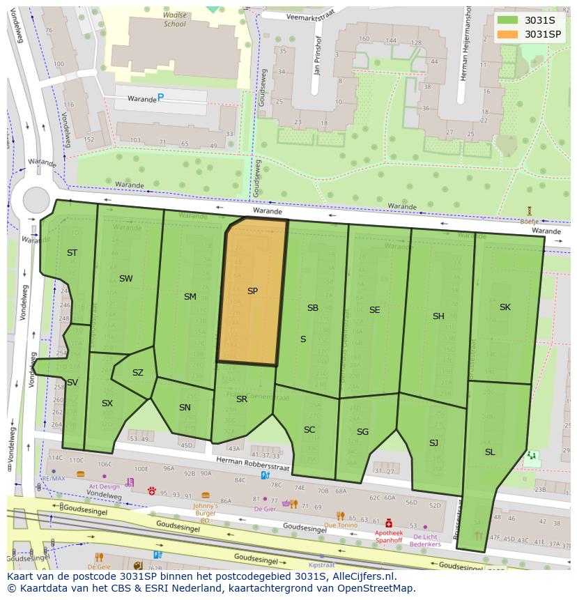 Afbeelding van het postcodegebied 3031 SP op de kaart.