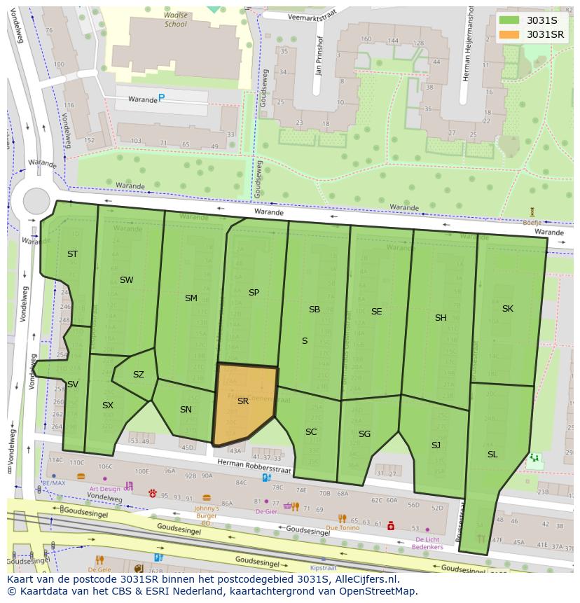 Afbeelding van het postcodegebied 3031 SR op de kaart.