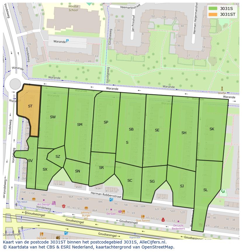 Afbeelding van het postcodegebied 3031 ST op de kaart.