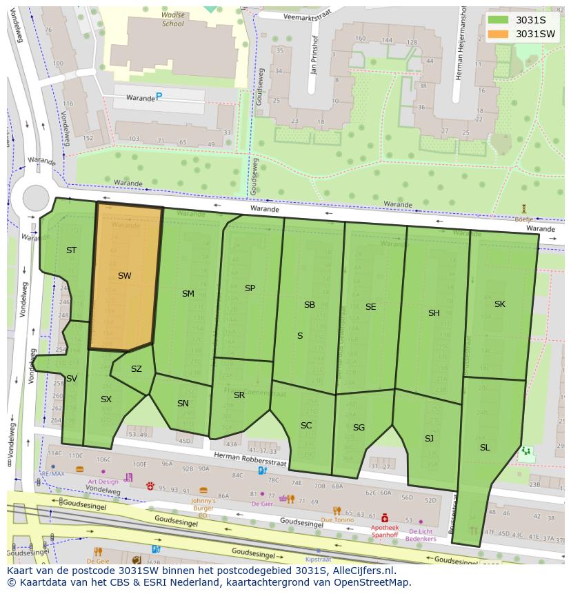 Afbeelding van het postcodegebied 3031 SW op de kaart.