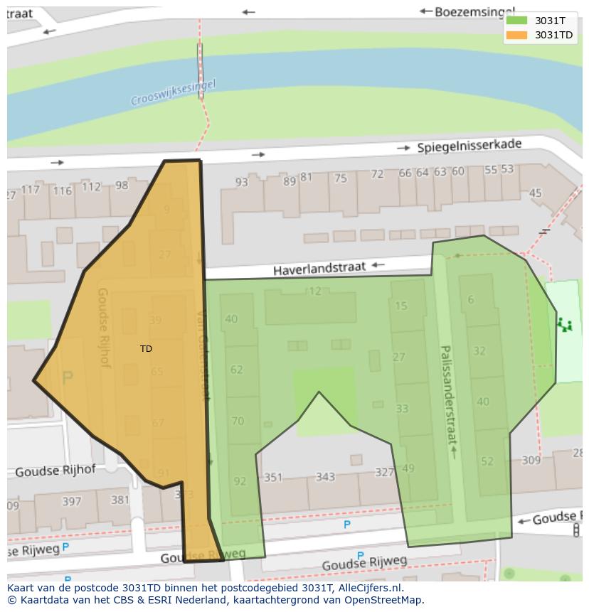 Afbeelding van het postcodegebied 3031 TD op de kaart.