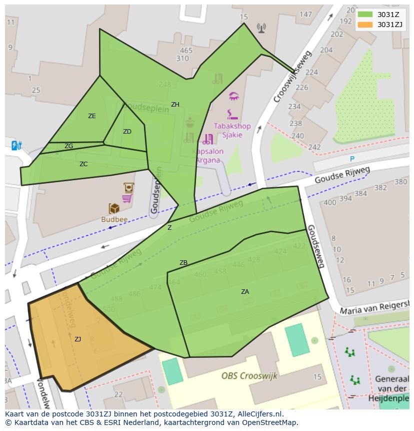 Afbeelding van het postcodegebied 3031 ZJ op de kaart.