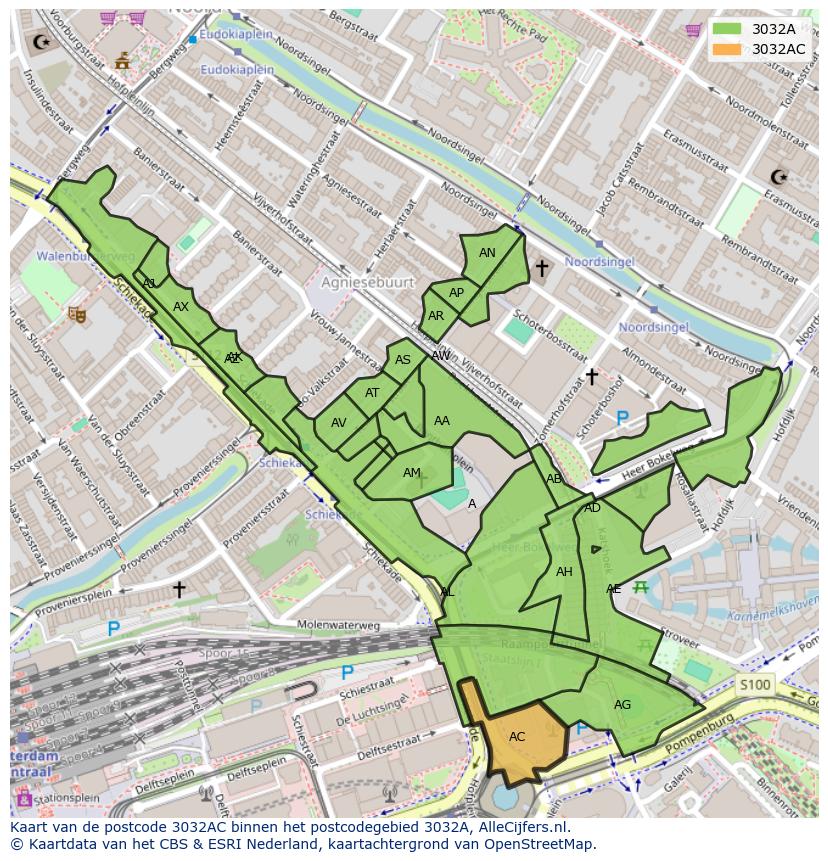 Afbeelding van het postcodegebied 3032 AC op de kaart.