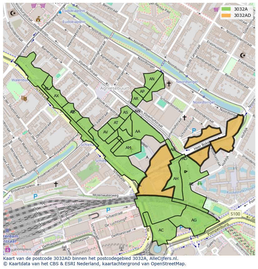 Afbeelding van het postcodegebied 3032 AD op de kaart.