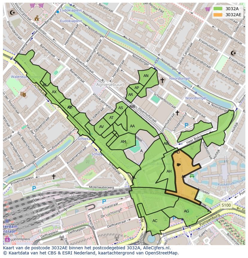 Afbeelding van het postcodegebied 3032 AE op de kaart.