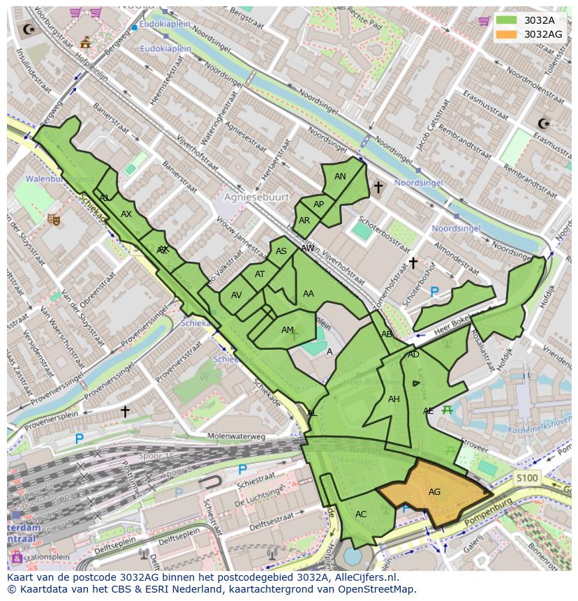 Afbeelding van het postcodegebied 3032 AG op de kaart.