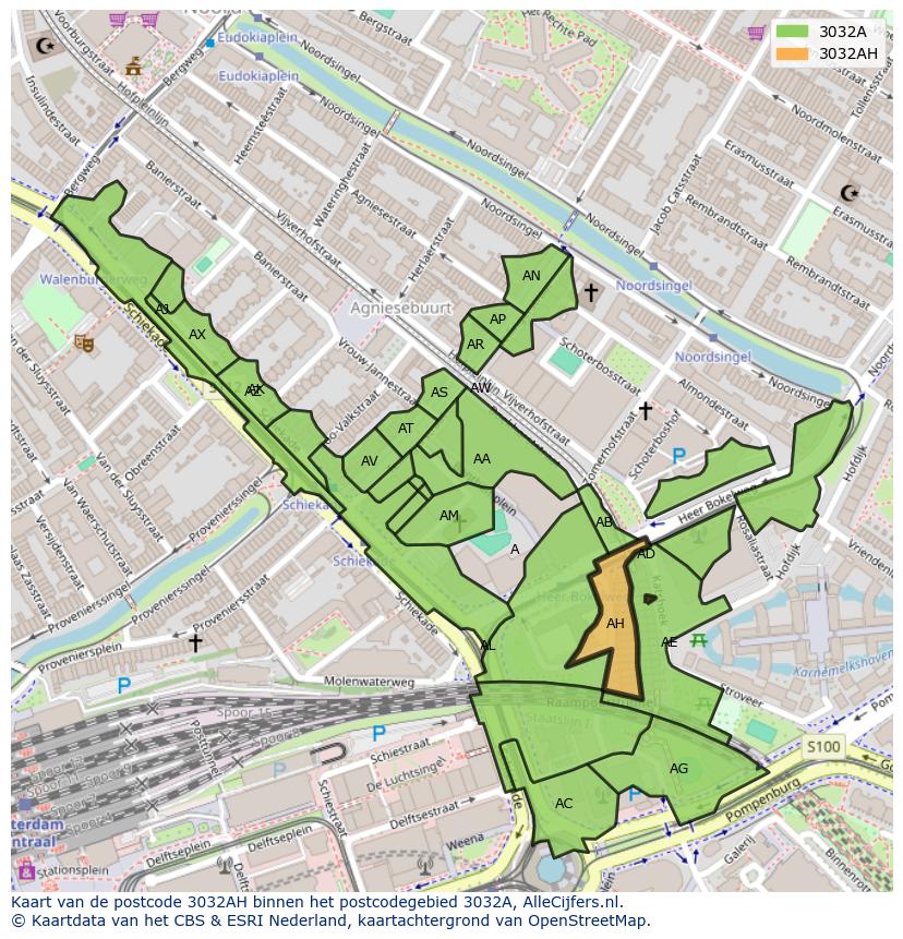 Afbeelding van het postcodegebied 3032 AH op de kaart.