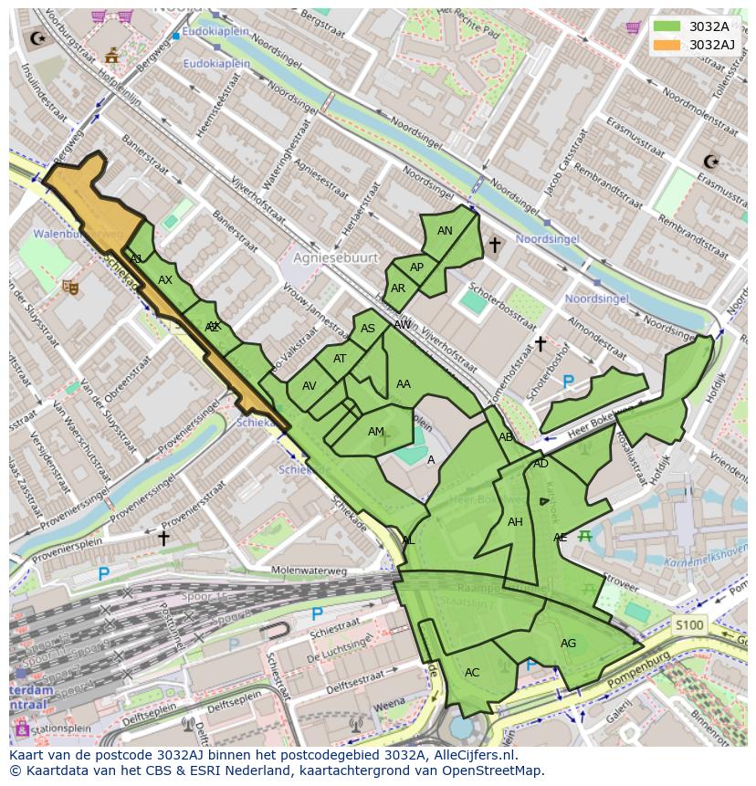 Afbeelding van het postcodegebied 3032 AJ op de kaart.