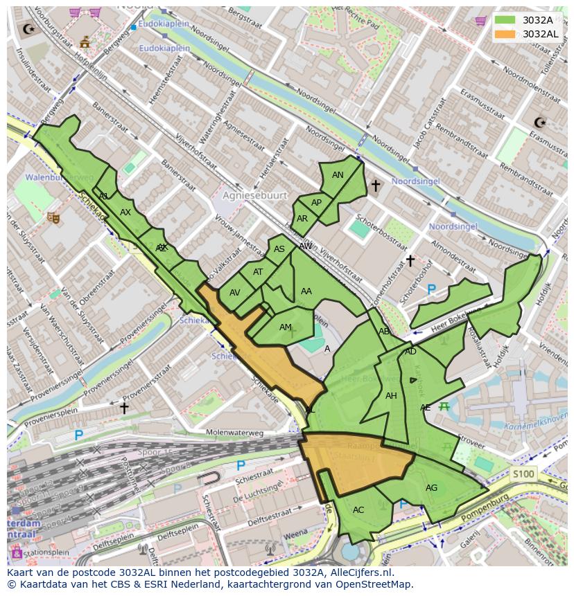 Afbeelding van het postcodegebied 3032 AL op de kaart.