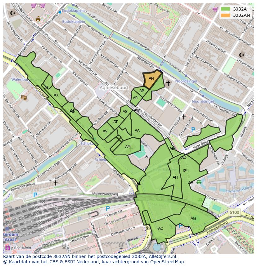 Afbeelding van het postcodegebied 3032 AN op de kaart.