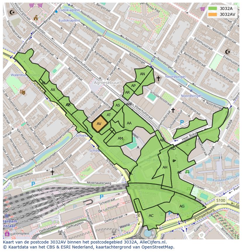 Afbeelding van het postcodegebied 3032 AV op de kaart.