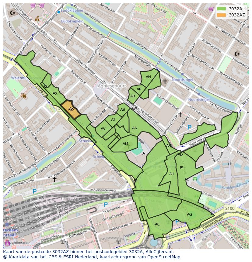 Afbeelding van het postcodegebied 3032 AZ op de kaart.