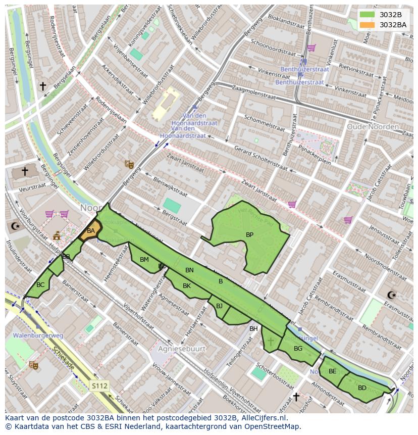 Afbeelding van het postcodegebied 3032 BA op de kaart.