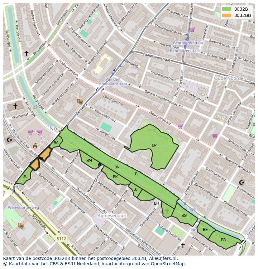Afbeelding van het postcodegebied 3032 BB op de kaart.