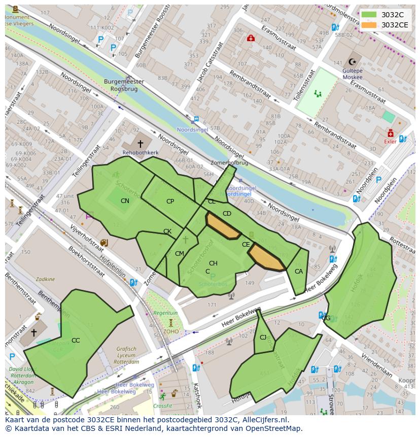 Afbeelding van het postcodegebied 3032 CE op de kaart.