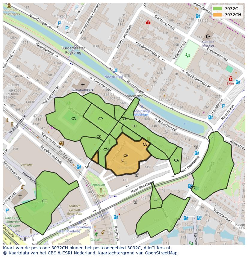 Afbeelding van het postcodegebied 3032 CH op de kaart.