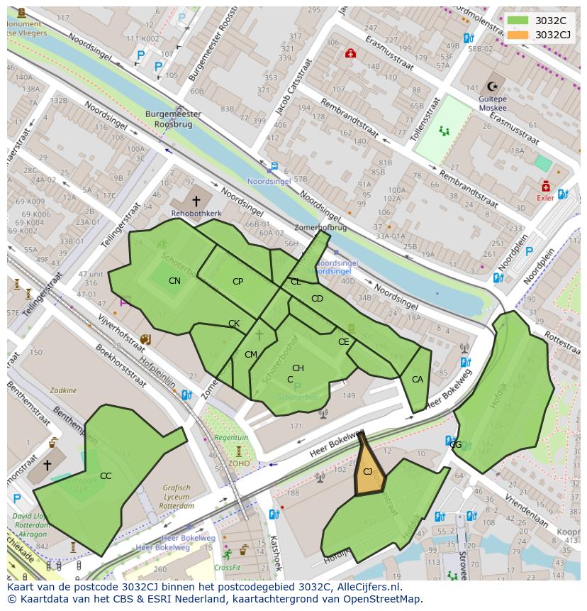 Afbeelding van het postcodegebied 3032 CJ op de kaart.
