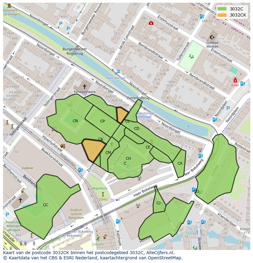 Afbeelding van het postcodegebied 3032 CK op de kaart.