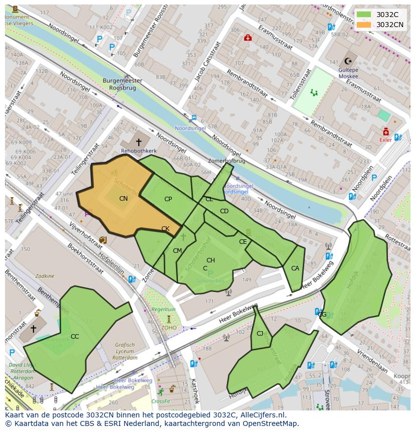 Afbeelding van het postcodegebied 3032 CN op de kaart.