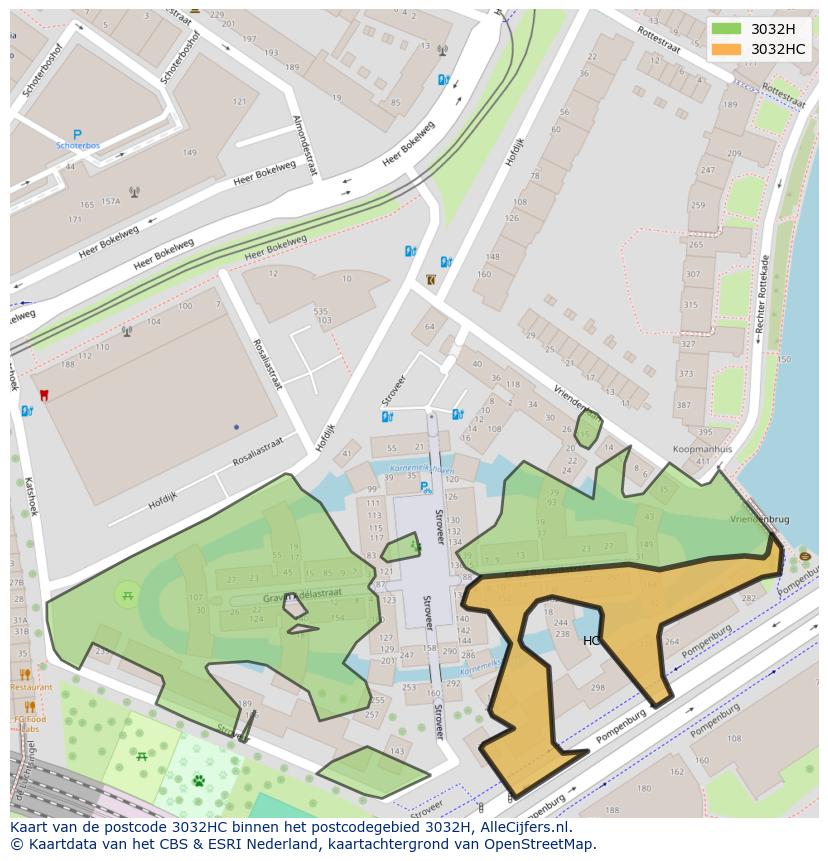 Afbeelding van het postcodegebied 3032 HC op de kaart.
